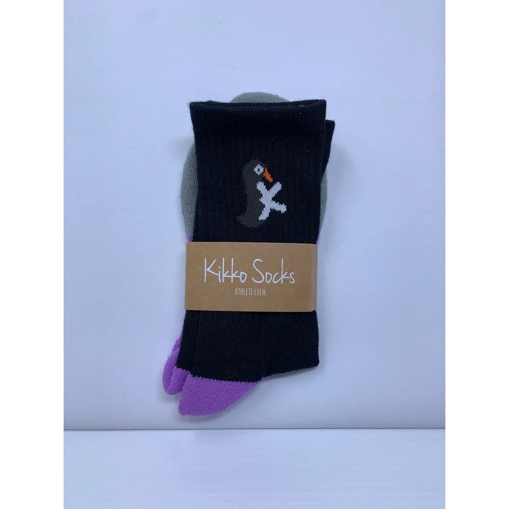 Kikko Socks Unisex Medium Black Purple Penguin Athlete Crew Socks NWT